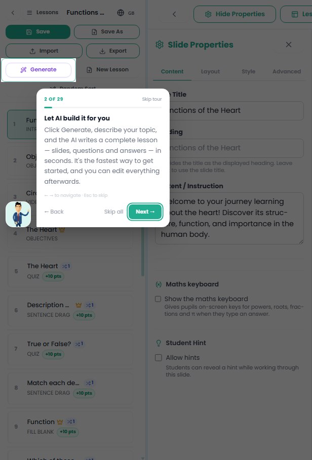 Onboarding tour step two of twenty-nine explaining the AI generate button